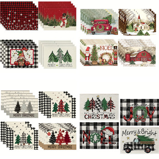Christmas Linen Decorative Placemats Christmas Snowman Gnome Christmas Tree Classic Black White Plaid Snowflake Decor Tablecloth