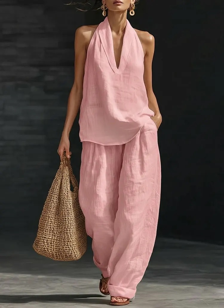 Women's Linen Two-Piece Set Vest And Camisole Office Casual Summer Outfit Breathable Comfort_ecoleips.com