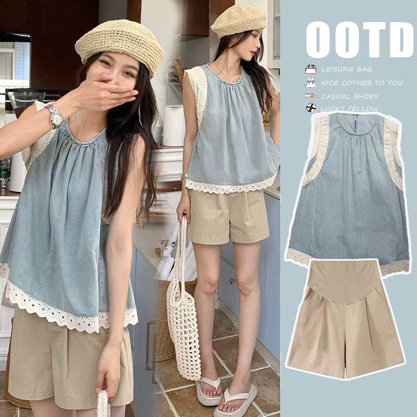 Top de mezclilla con costuras de encaje retro de verano de moda