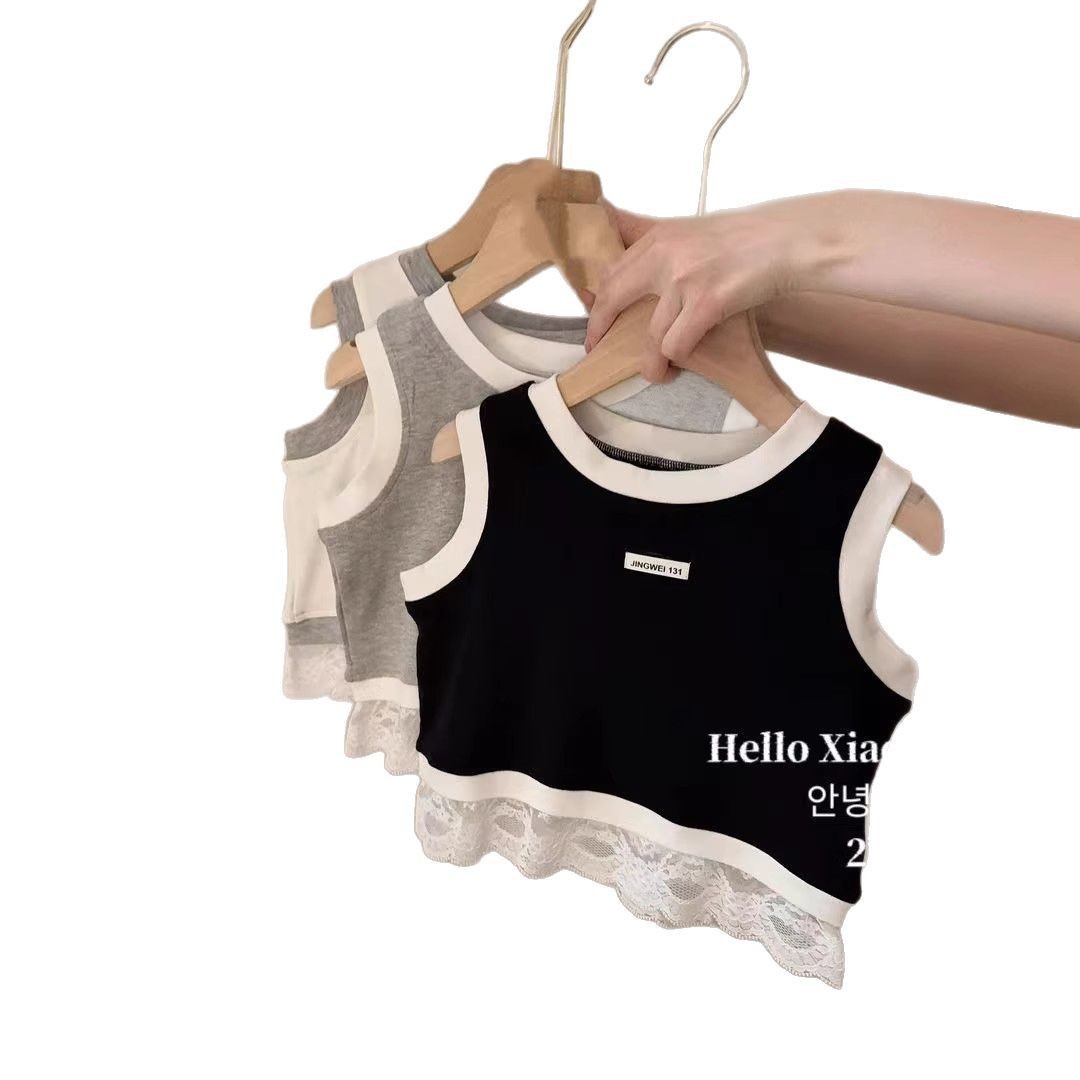 Ropa para niños coreanos 2025 primavera y verano camiseta para niñas costura de moda chaleco de encaje casual tendencia deportiva de estilo occidental para niños