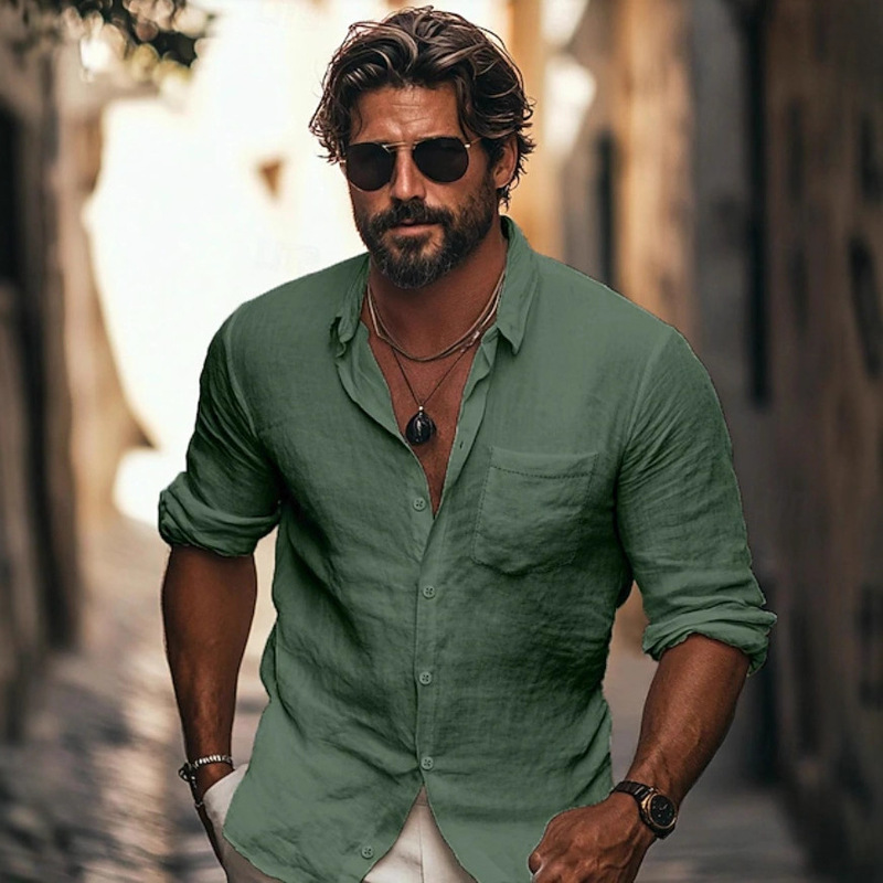 Amazon's New Cotton and Linen Shirt Men's Shirt with a Turn-Down Collar, Breathable Casual Men's Long-Sleeve Chinese-Style Pocket Shirt for Men Amazon's New Cotton and Linen Shirt Men's Shirt with a Turn-Down Collar, Breathable Casual Men's Long-Sleeve Chinese-Style Pocket Shirt for Men