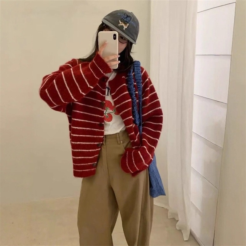 拼色条纹长袖毛衣开衫外套女2025新款秋冬季韩版圆领针织百搭上衣|undefined