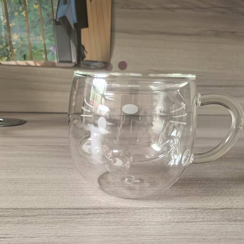 Cartoon Kitten Double-Layer Coffee Cup with Handle, Heat-Insulated Household Student Juice Cup, High Borosilicate Glass Cup