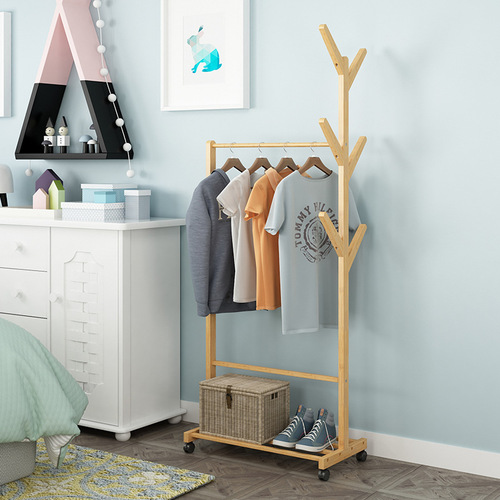 Simple bamboo coat rack for home use, living room clothes rack, bamboo floor-standing clothes rack, bedroom mobile storage rack