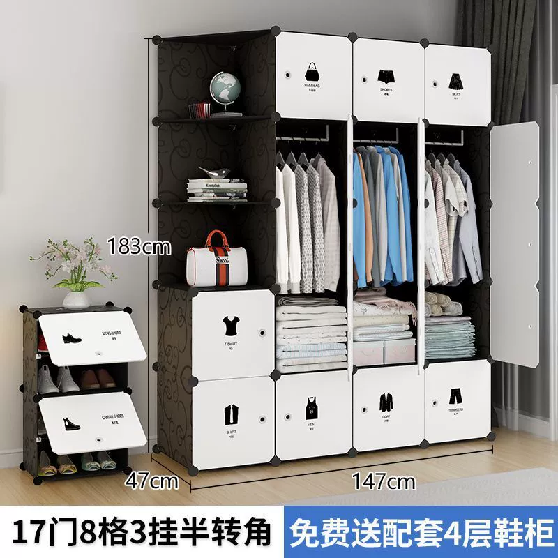 Modular Wardrobe, foldable plastic-cloth panels, multiple door configurations, assembly storage
