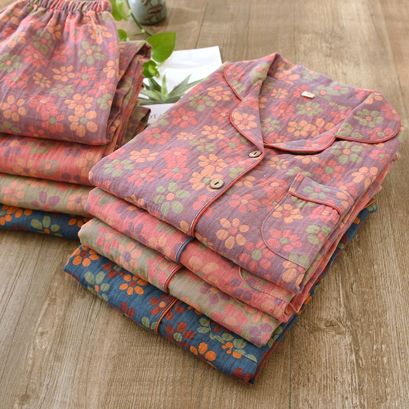 Винтажная пижама из чистого хлопка, Женская весенне-осенняя двойная марлевая жаккардовая куртка, Кардиган с длинным рукавом, домашняя одежда, большие размеры для мамы