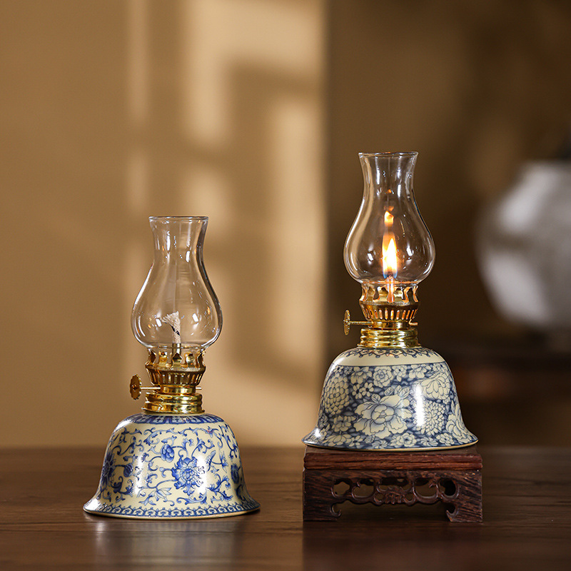 Factory Ruyao Floral Retro Kerosene Lamp Ceramic Butter Lamp Oil Lamp New Study Bedroom Night Light Lamp Ornament