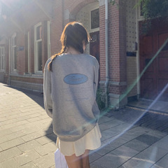 现 韩国设计师tann*t圆领后背印花卫衣韩系女装宽松减龄灰色套头