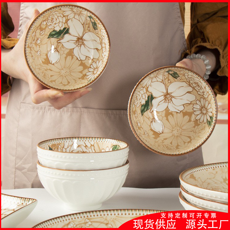 Camellia Series Ceramic Bowl Rice Bowl Parent-Child Bowl Combination Set Underglaze Color Cyber Celebrity Same Style TikTok High Bowl