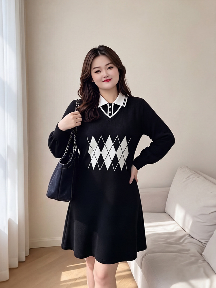 65-160kg Plus Size Women's College Style Sweatshirt Dress for Autumn and Winter, Fashionable Suit Collar Dress for Slightly Plump Women