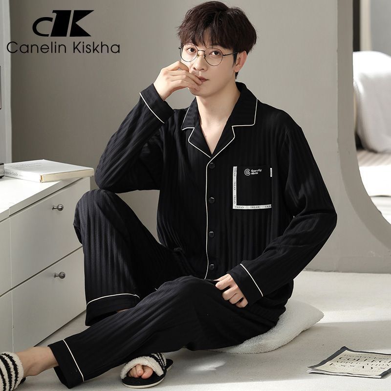 Primavera y otoño pijamas de algodón de manga larga se pueden usar fuera para hombres 2023 nuevo otoño red viento rojo para hombres ropa de hogar de tamaño grande