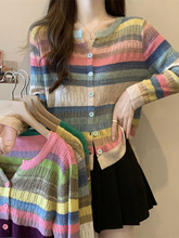2023女装镂空彩虹拼接色条纹长袖t恤秋季设计感小众显瘦针织上衣