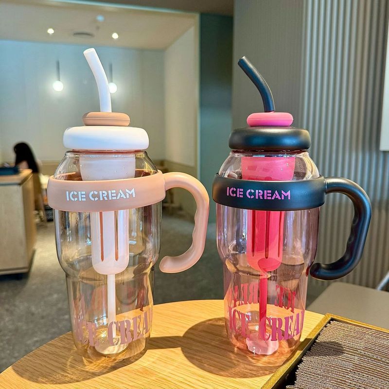 新款高颜值夏季塑料杯顿顿桶奶茶杯带吸管杯可爱手柄超大容量水壶|undefined