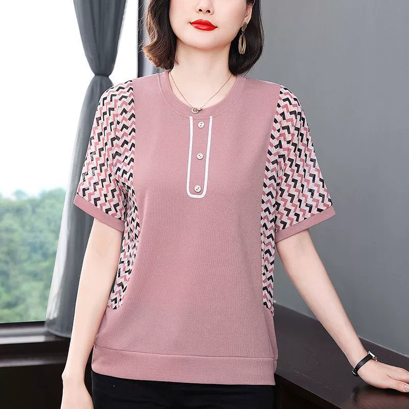 Женская футболка с короткими рукавами, лето 2025, новый стиль, футболка для мам среднего возраста, большой размер, свободная и стильная верхняя одежда для полных мм
