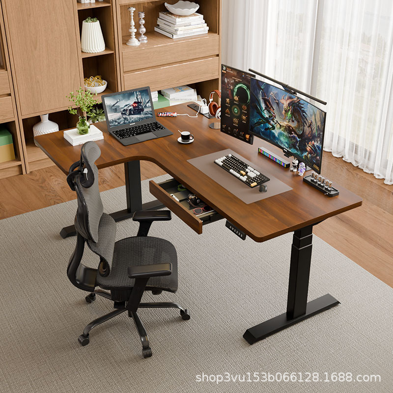 Corner Solid Wood Electric Lifting Table L-shaped Corner Desk Computer Desk Office Desk Smart Learning E-sports Table for Home