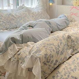 韩式花边床单四件套纯棉四季床笠被套床裙学生宿舍床上三件套
