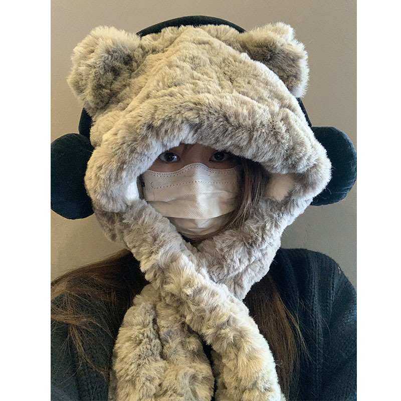 Furry winter thick cute headphones, teddy bear scarf in one, plush ear protection, Lei Feng hat, headband cover_viptrois.com