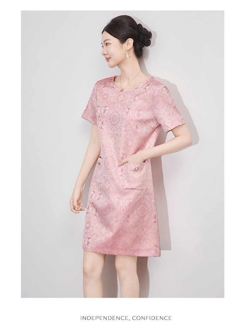 Váy chữ A jacquard lụa vàng phong cách quốc gia tay ngắn chất lượng cao — Màu xanh lam chi tiết 12