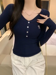 533 # 実物写真 40番手純綿（綿92％/スパンデックス8％） 2025年秋物 長袖Tシャツ レディース Vネック 刺繍入り