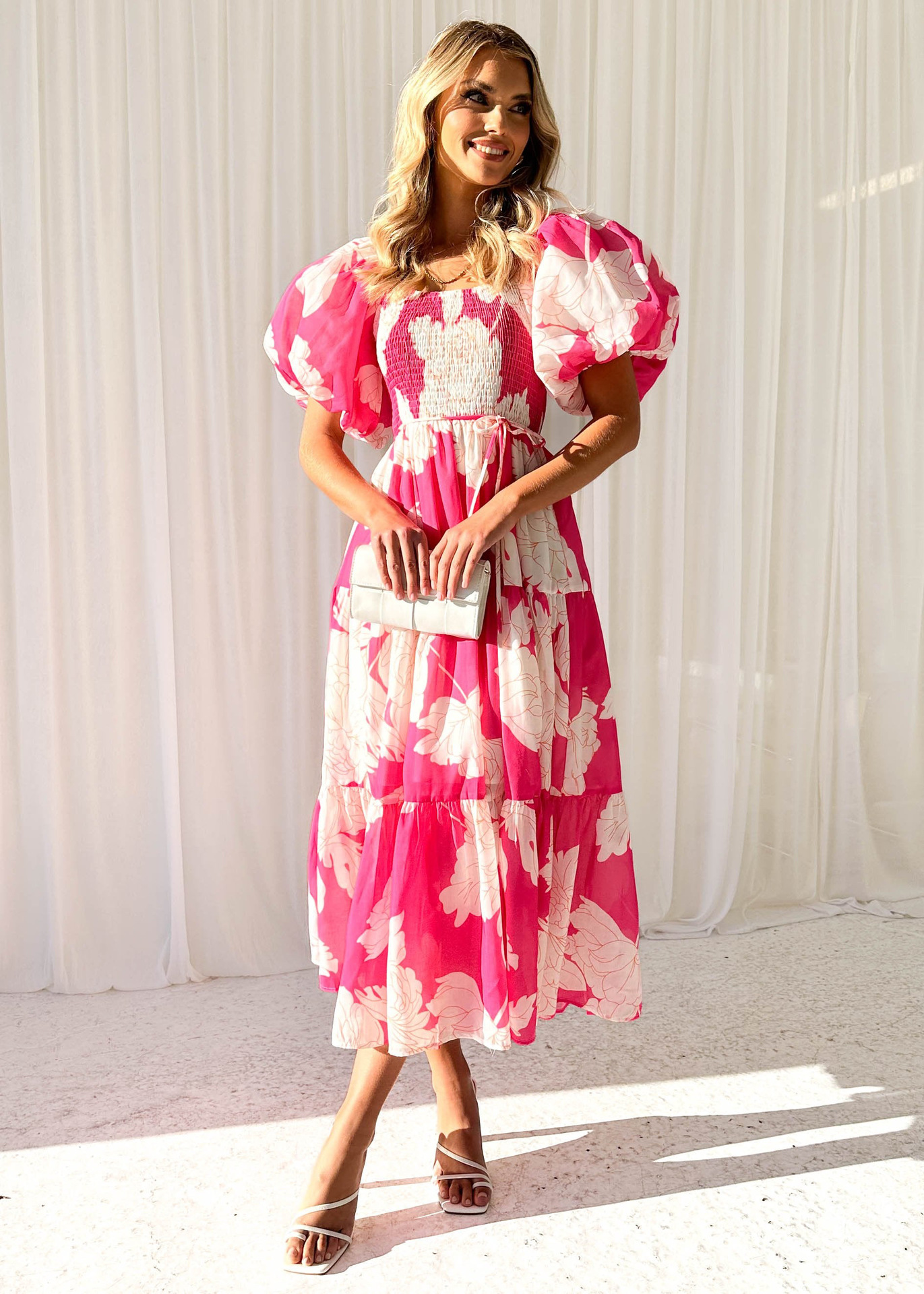 266g Weight Maxi Long Dress Dress Length Type Short Sleeve Sleeve Length Swing Dress Dresses Type Puff Sleeve Sleeve Type Polyester Fabric Type High Waist Waist Line Holiday, Daily Occasion Off Shoulder Neckline Slim Fit Type Flower Pattern Spring Season Women's Gender Printing Design Elegant, Pastoral Style Wholesale Women's Elegant Pastoral Printing Flower Holiday Daily Off Shoulder Short Sleeve Swing Dress 5