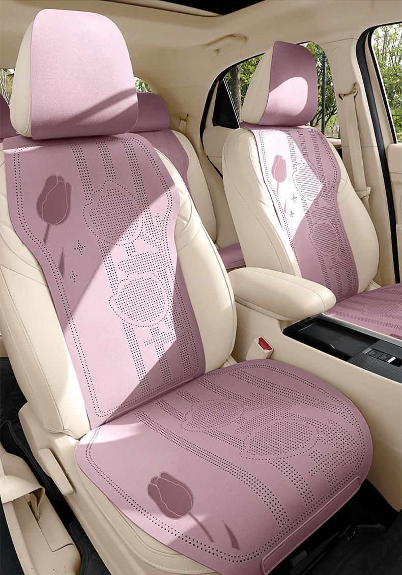 26 New Tulip Car Seat Cushions, Ice Silk, Cute and Comfortable, Suitable for All Seasons, Cartoon Design, Breathable, with Faux Fur Cover