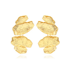 ZA夸张凹凸金色合金树叶耳环欧美不规则叶子耳坠跨境复古耳饰女