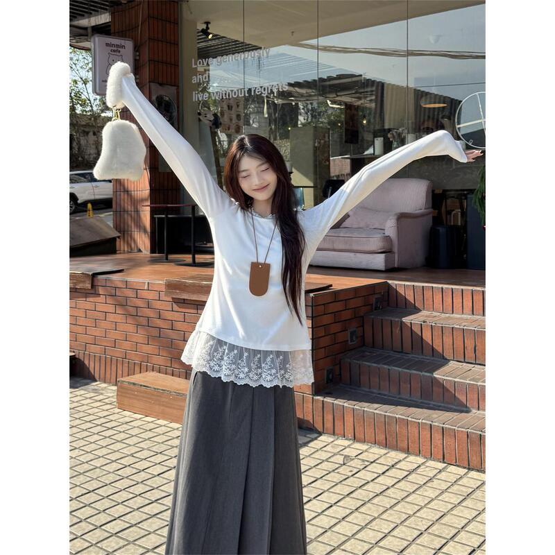 French-Style Retro Lace Base Shirt for Women 2025 New Small Shirt for Layering, Versatile for Commuting, Slimming Long-Sleeve Top