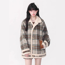 美式复古小香风格子羊羔绒外套女2025年秋冬新款宽松毛领毛呢外套