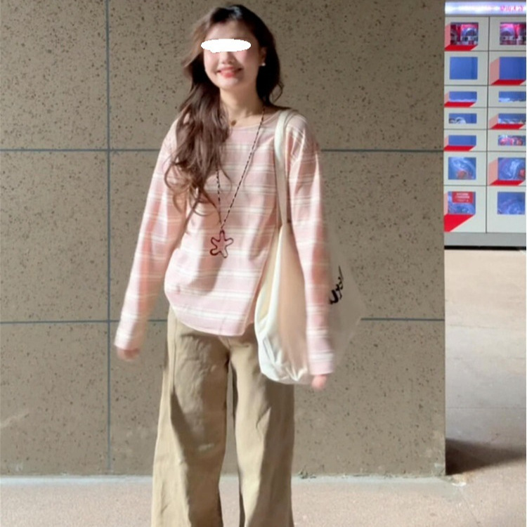 粉色条纹针织圆领长袖T恤女新款2025早秋穿搭韩系慵懒松弛感上衣|undefined