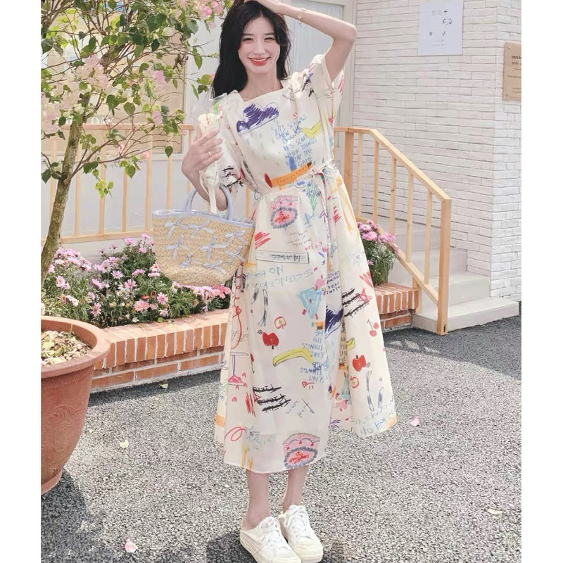 超好看夏日俏皮减龄涂鸦风连衣裙女2025新款松弛感韩系小众A字裙|undefined