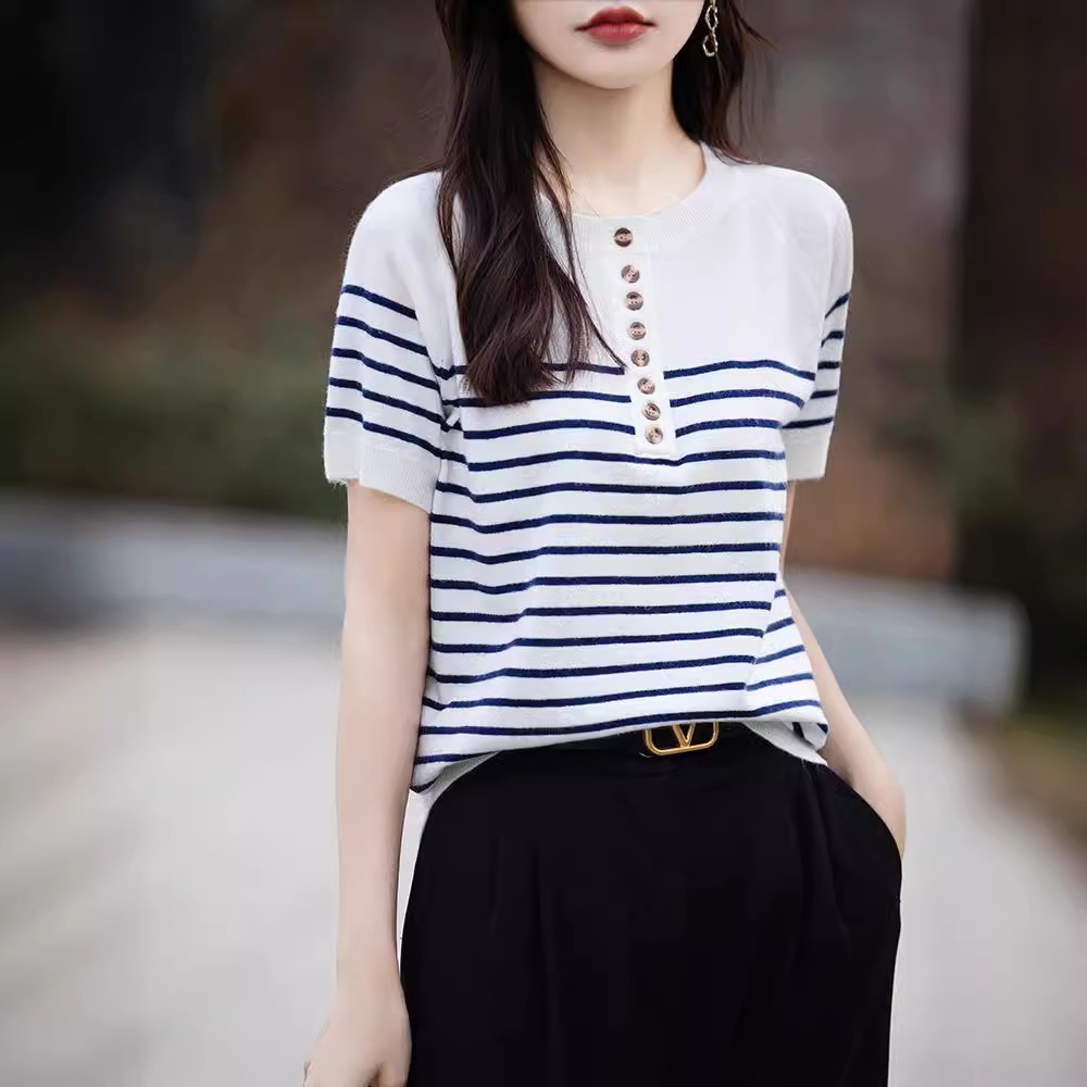 2024夏季时尚韩版宽松条纹短袖T恤女撞色半开领针织半袖女士上衣