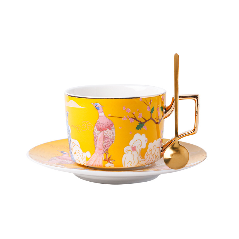 Amarillo-Taza de pavo real y cuchara de platillo