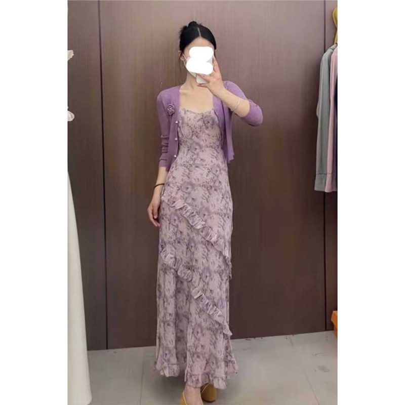 大码胖mm法式时尚高级感紫色碎花连衣裙夏季新款减龄开衫两件套女|undefined