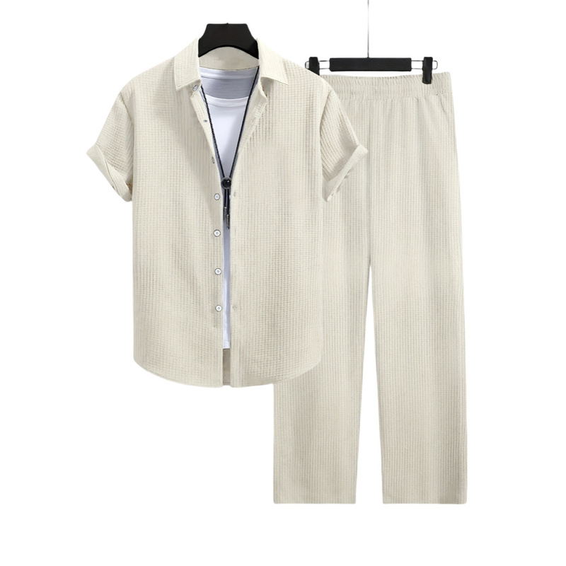 2025 Amazon Cross-Border Export Summer New Men's Casual Fashion Jacquard Short-Sleeved Shirt and Pants Suit