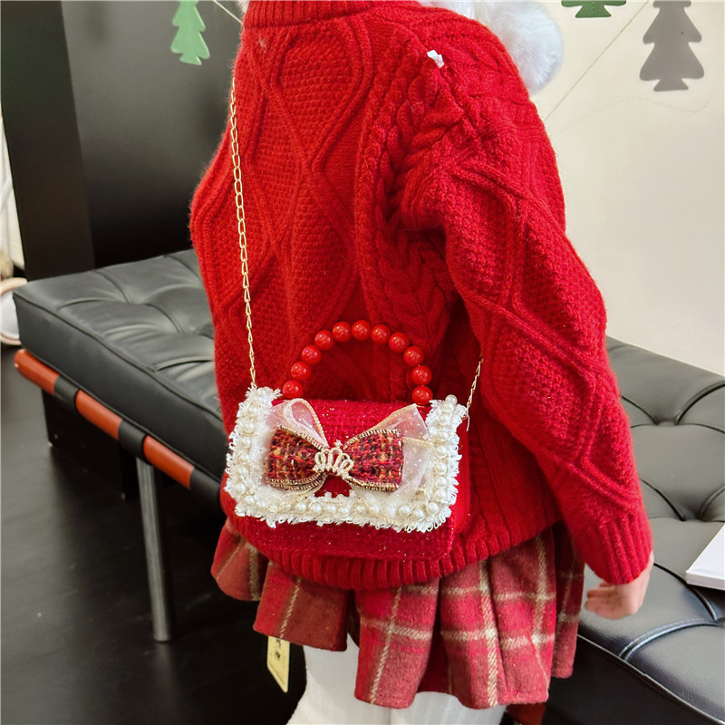 Año Nuevo gran bolso cuadrado rojo para niños bolso de perla bebé lindos bolso de cadena de arco bolso de cambio de niñas