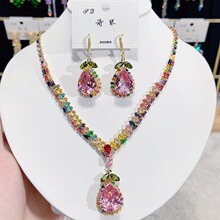 时尚潮流锆石奢华项链彩水滴耳环套装ins直播爆款佩S925银针佩戴