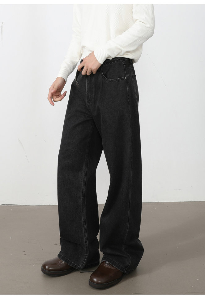 Quần jean nam ống rộng dáng suông thoải mái kiểu Mỹ, vải denim xử lý giặt mài, lưng trung, dài quần — Xanh da trờicolor, Xám đen, màu xám nhạt chi tiết 26