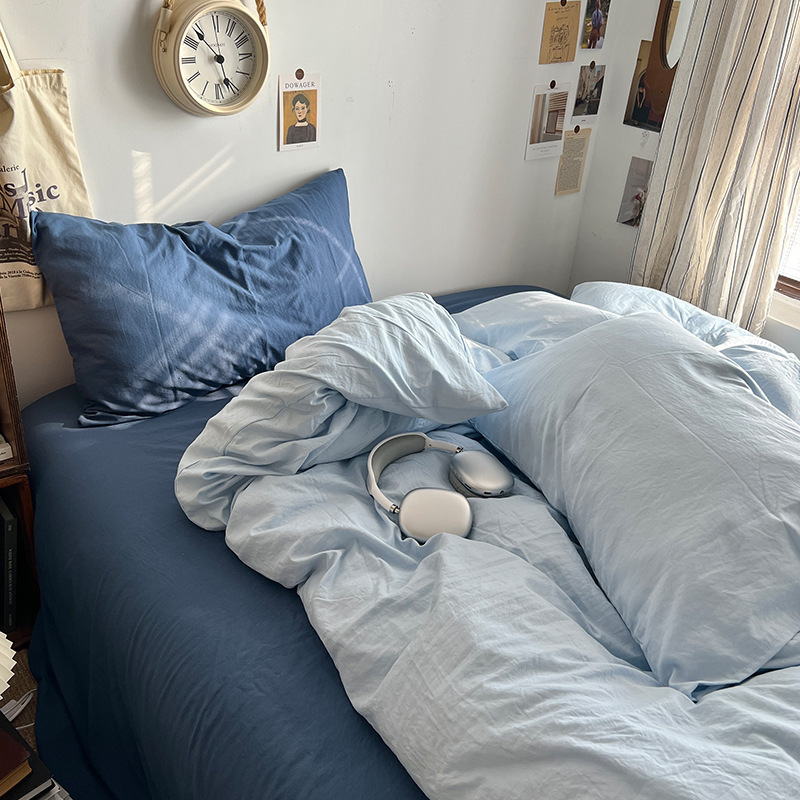Washed Cotton Four-piece Bedding Set Solid Colour For Home_voghion.com