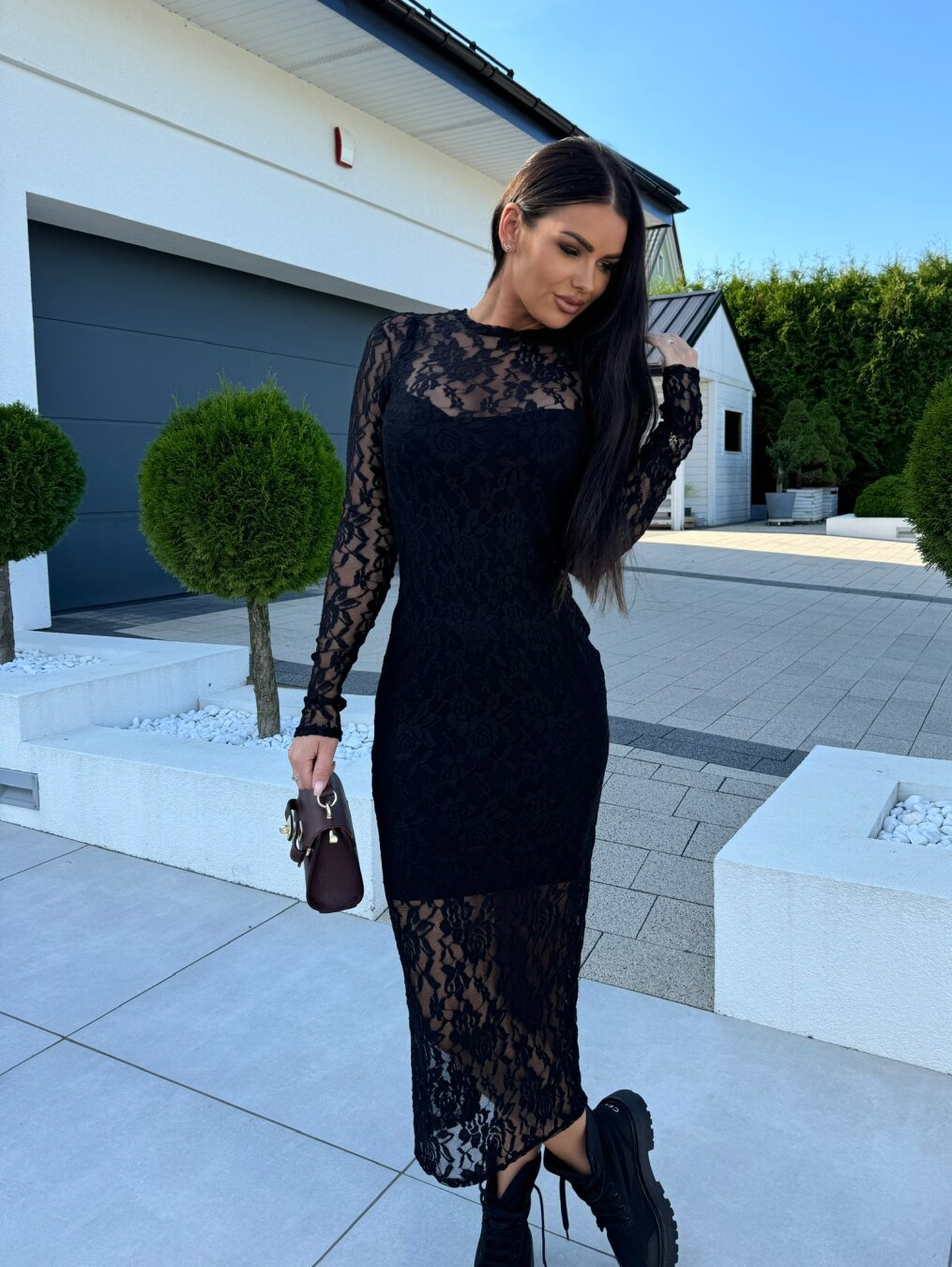 Women Clothing Slim Fit round Neck Hollow Out Cutout out Dress Sexy Slimming See through Lace Sheath Dress