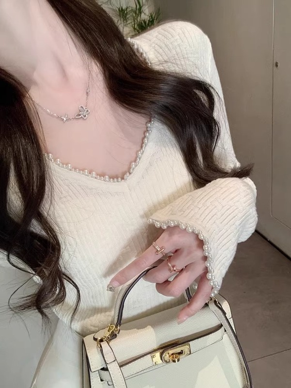 白色领针织打底衫女内搭春秋薄款2025新款设计感小众不撞款上衣|undefined