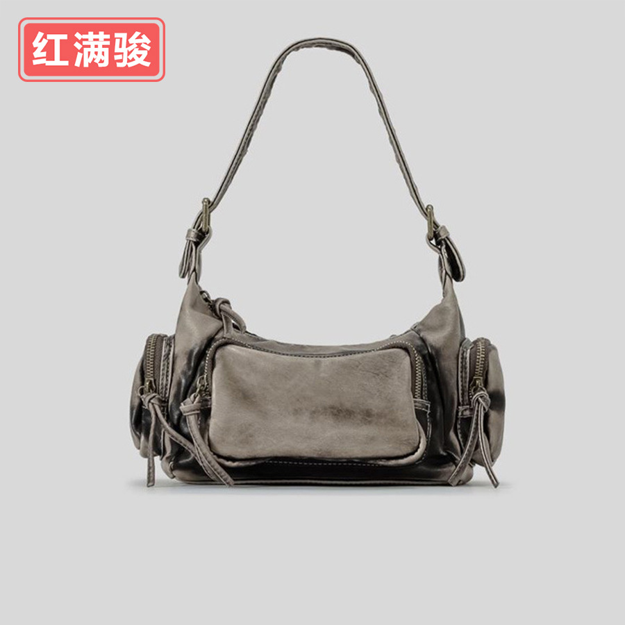 復古多口袋辣妹機車腋下包軟PU高級感單肩包女廢土風格時尚手提包