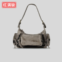 Retro multi-pocket leatherette motorcycle underarm bag soft PU high-end shoulder bag for women post-apocalyptic style fashionable handbag