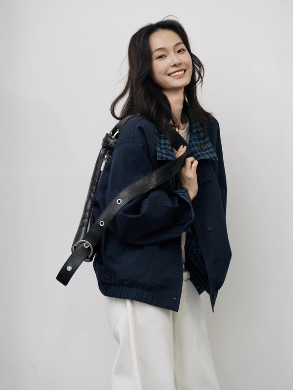 25秋季新款日系拼接格子宽松立领夹克复古中性休闲翻领外套女ZA8|undefined