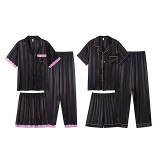 情侣睡衣女夏季新款冰丝短袖大码开衫三件套春秋高级感男士家居服