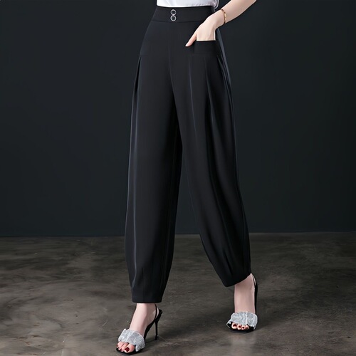 Large size loose Lisse diagonal fabric summer thin cropped pants, high waist casual wide-leg pendant bloomers for women