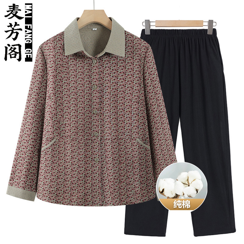 Middle-aged and elderly women's summer cotton shirt grandma's spring and autumn long sleeve thin coat mother's summer cotton top