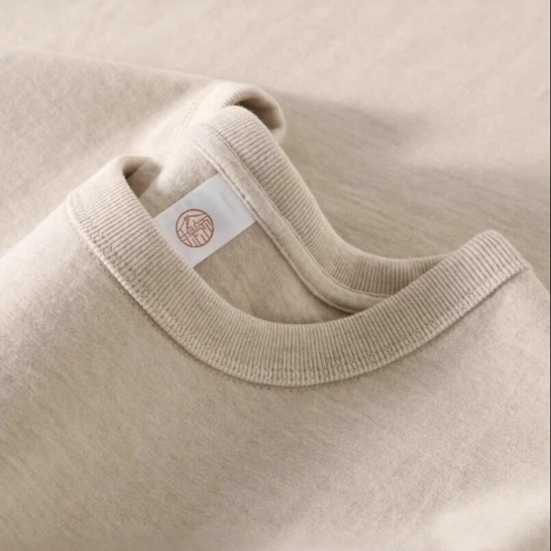 Milk Tea Color! Short-Sleeve T-Shirt for Men, Pure Cotton, Heavy-Duty Three-Thread Ribbed Collar, 300g, Crew Neck, Regular Shoulder Short-Sleeve T-Shirt for Women