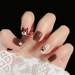 Adorable soft and cute girl heart chestnut brown milk cute little bear white short false nail sheet wearing nail set wholesale