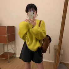 2025秋冬长毛水貂绒毛衣女短款圆领套头加厚水貂毛外套毛茸茸外穿