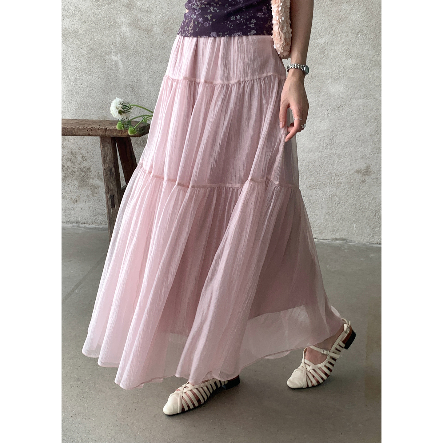 Yier Shirt Sheer Gauze Pearl-Luster Extra Large Skirt Cake Skirt Draped Mid-Length Skirt Summer Half Skirt Ye070
